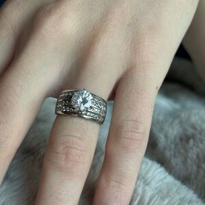 Sterling Silver CZ Ring Wide Dome Band 4 Rows Pave & Large Round Center Stone